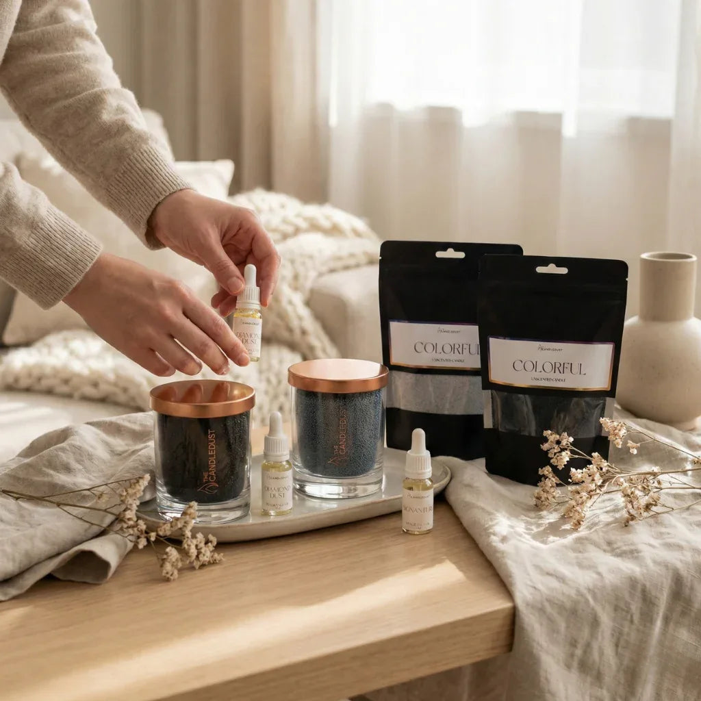 Coffret de rituels parfumés avec bougies rechargeables et huiles parfumées présenté en situation, idée cadeau élégante et personnalisable pour créer une ambiance apaisante à la maison – KoolKado